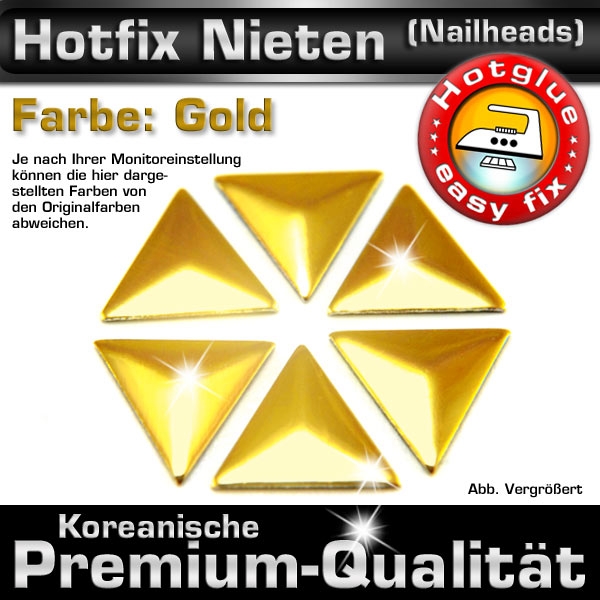 ShineStone Metall-Nieten Hotfix (Nailhead Dreieck), 10 mm Gold glänzend, in Premium-Qualität zum Aufbügeln – 1000 Stück