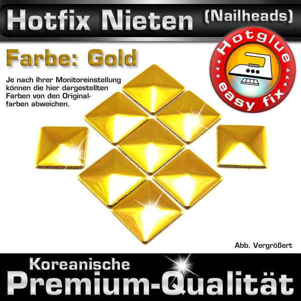 ShineStone Metall-Nieten Hotfix (Nailhead Quadrat), 10 mm Gold glänzend, in Premium-Qualität zum Aufbügeln – 1000 Stück